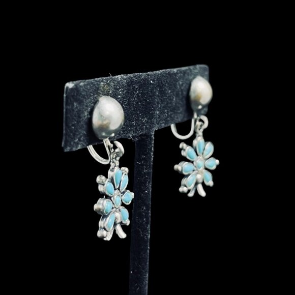 Sancrest R Silver Tone And Faux Turquois Flower Clip On Earrings Signed (5264) - Picture 2 of 5